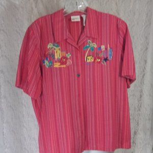 Koret Summer Top Red Pinstripes with Embroidery Size L  NWOT